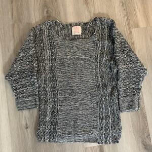 Quiksilver Pullover Knit Sweater Medium Women's Gray White Crew Neck 3/4 Sleeve